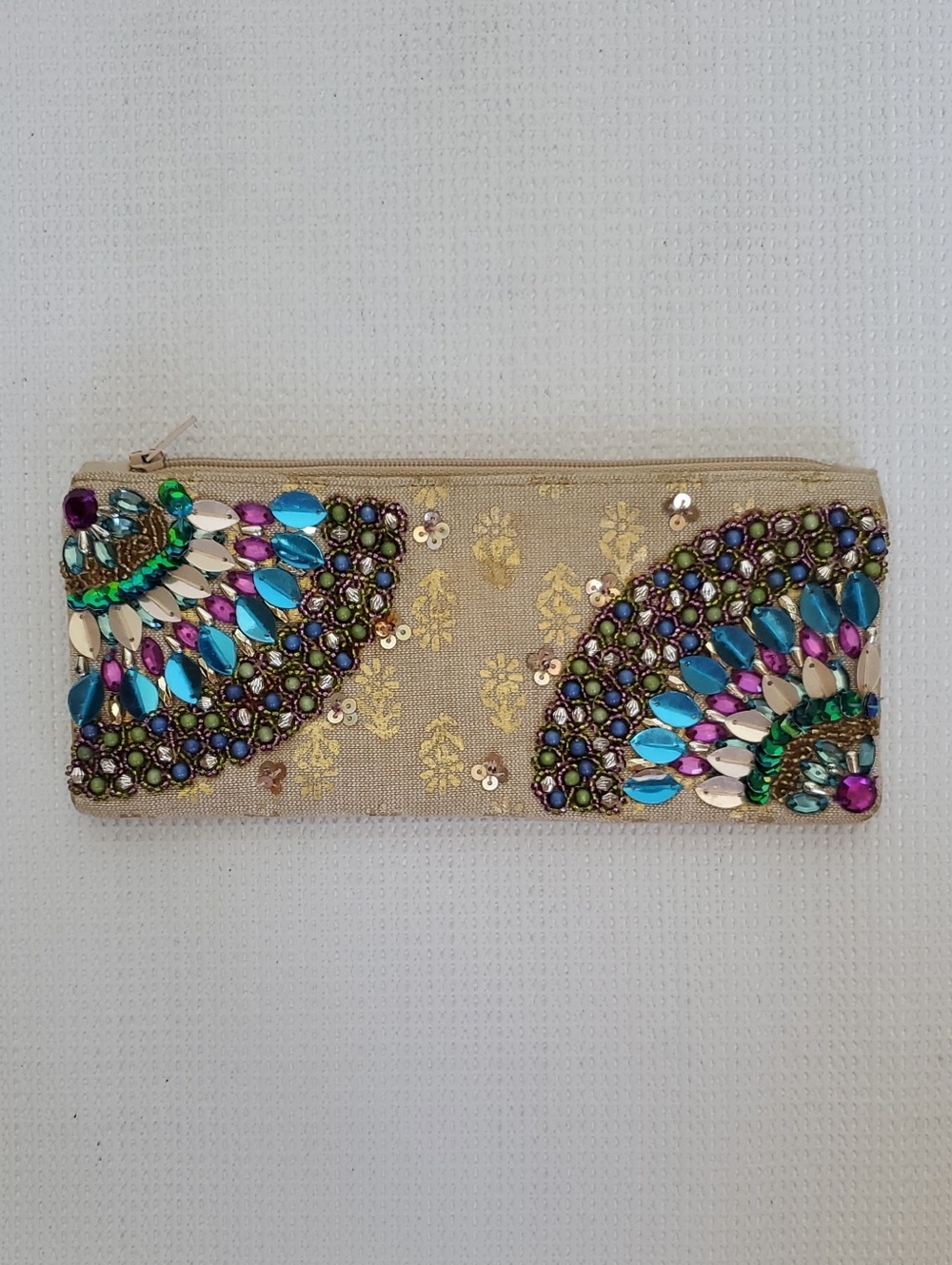 Embellished Beige Sequin Beaded Jewelry Bag Cosmetic Pouch